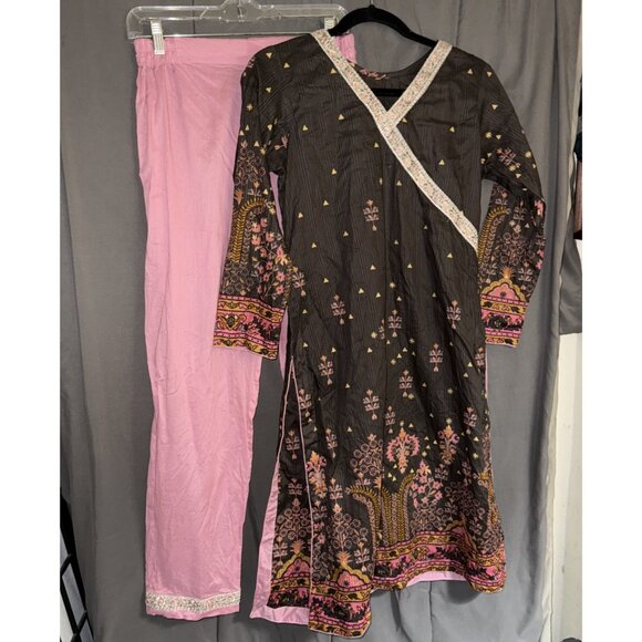 2 Piece Sari Saree Set Top Pants Pink Brown Embroidered READ MEASUREMENTS - Picture 1 of 16